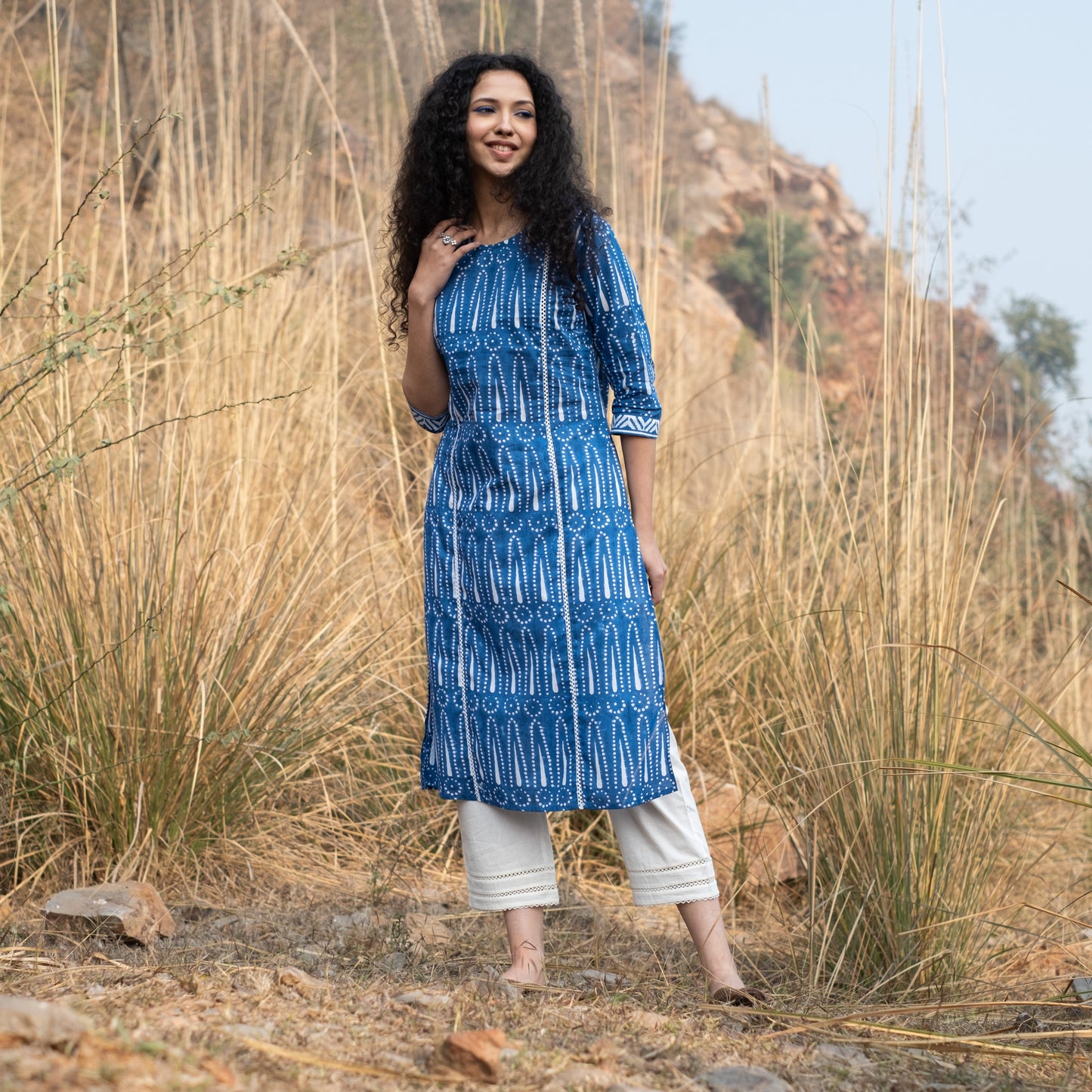 Indigo block printed summer kurta with lace detail