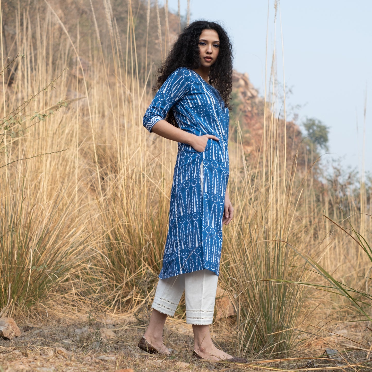 Indigo block printed summer kurta with lace detail