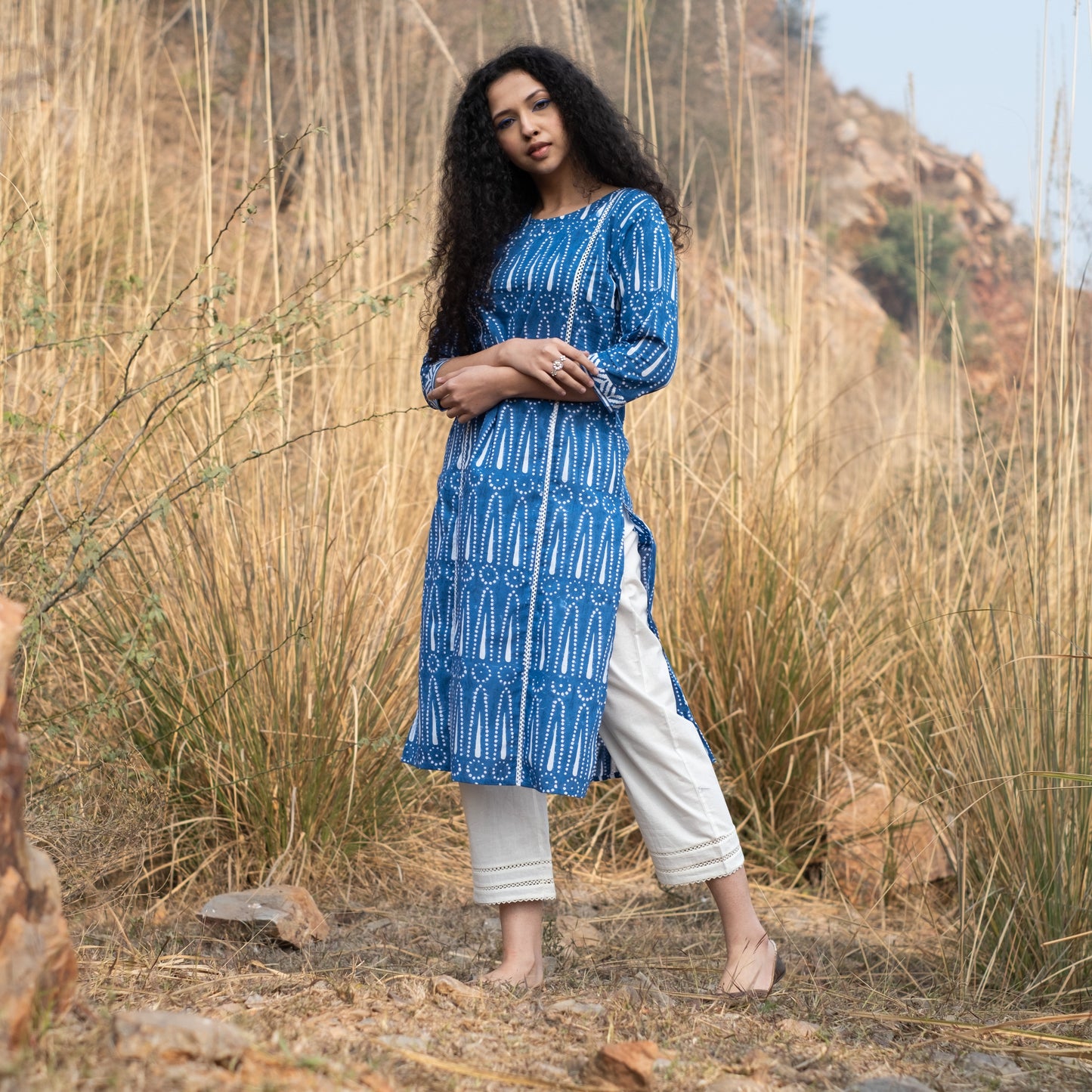 Indigo block printed summer kurta with lace detail