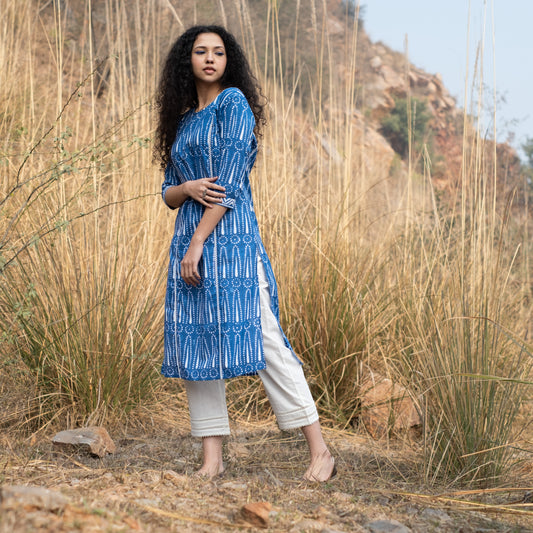 Indigo block printed summer kurta with lace detail and white pants (set of 2)