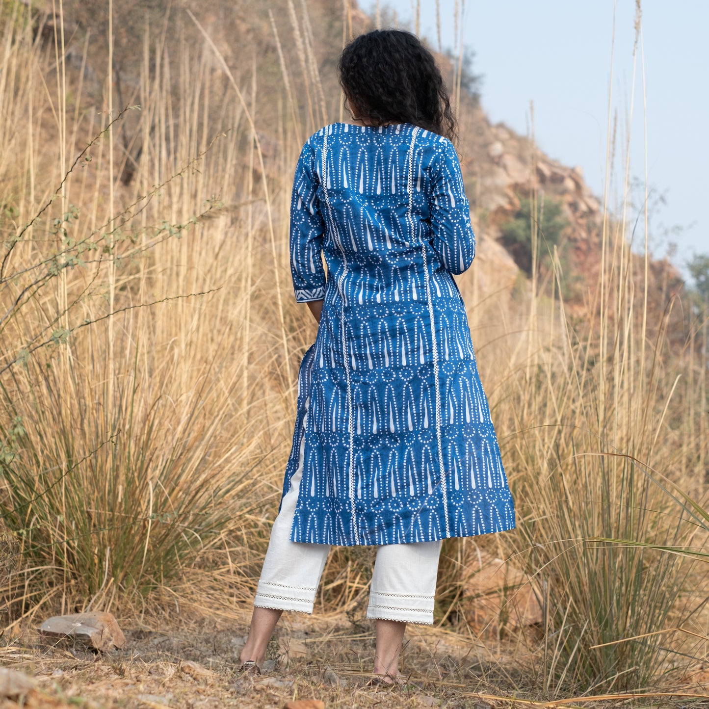 Indigo block printed summer kurta with lace detail and white pants (set of 2)