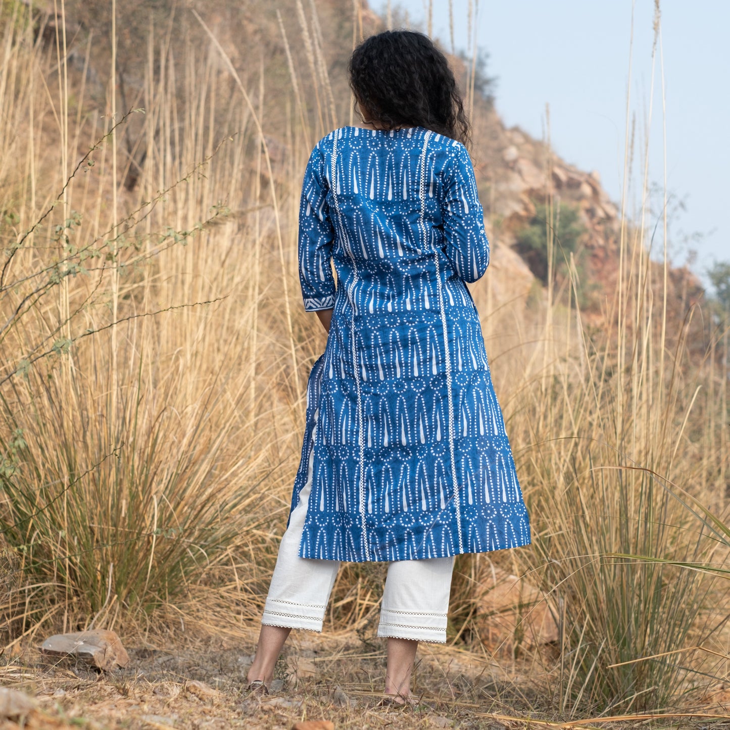 Indigo block printed summer kurta with lace detail