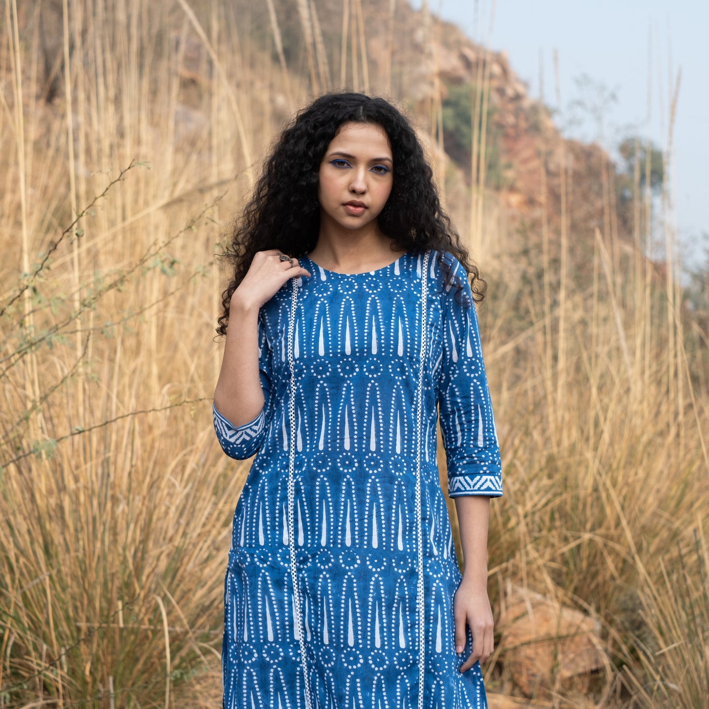 Indigo block printed summer kurta with lace detail