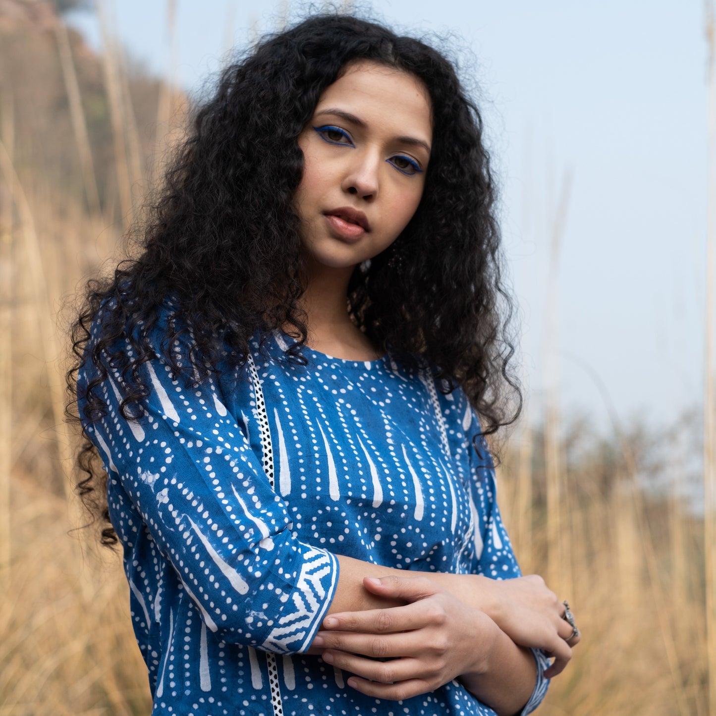 Indigo block printed summer kurta with lace detail