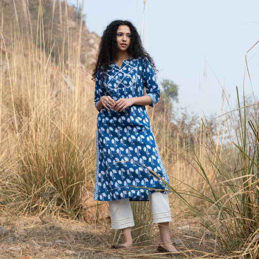 Indigo block printed kurta with lace detail on yoke, sides and sleeves
