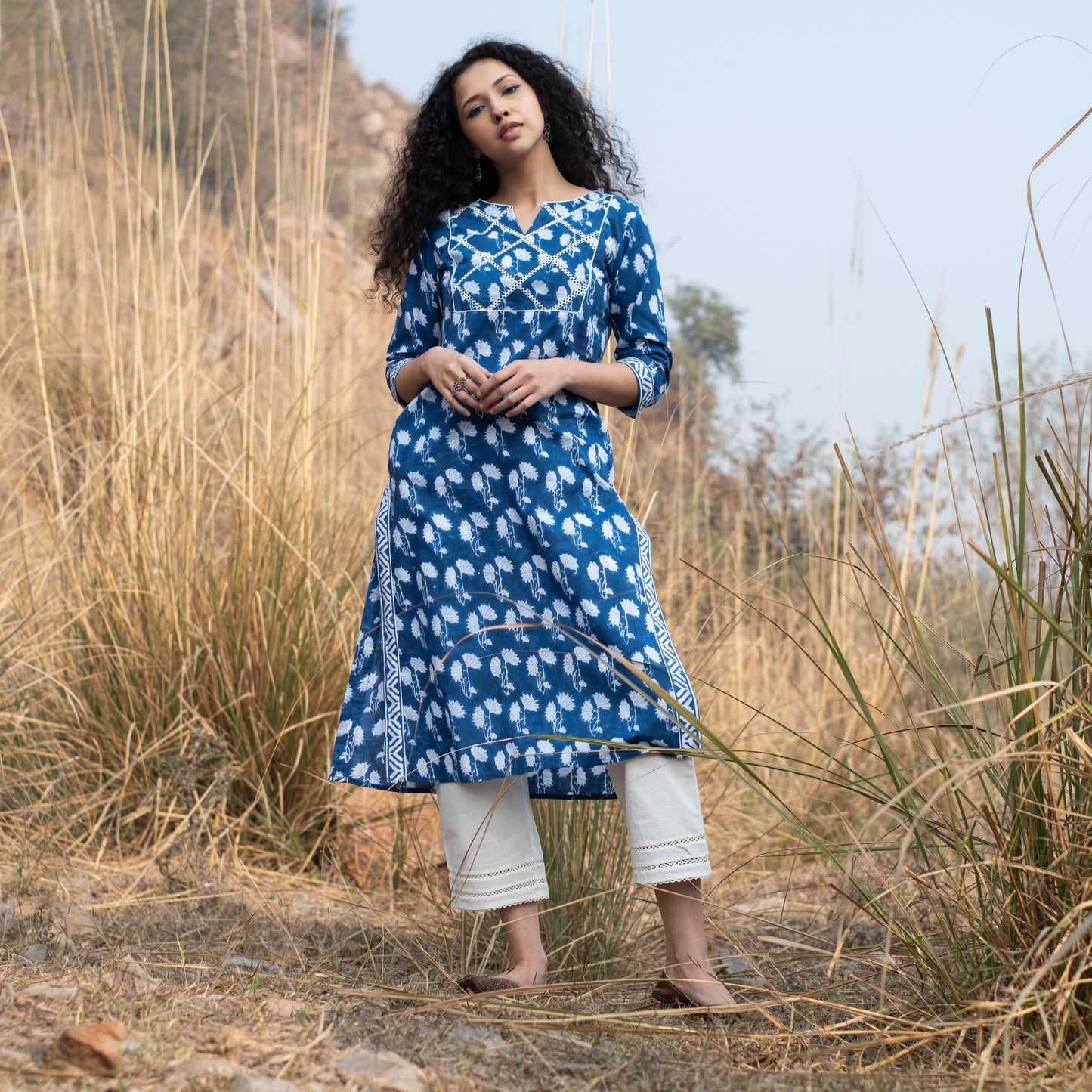 Indigo block printed kurta with lace detail on yoke, sides and sleeves