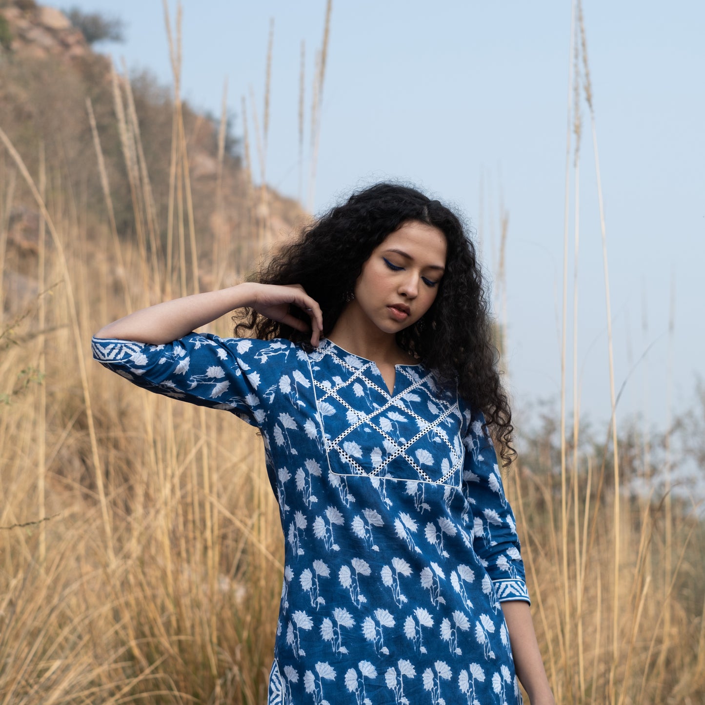 Indigo block printed kurta with lace detail on yoke, sides and sleeves