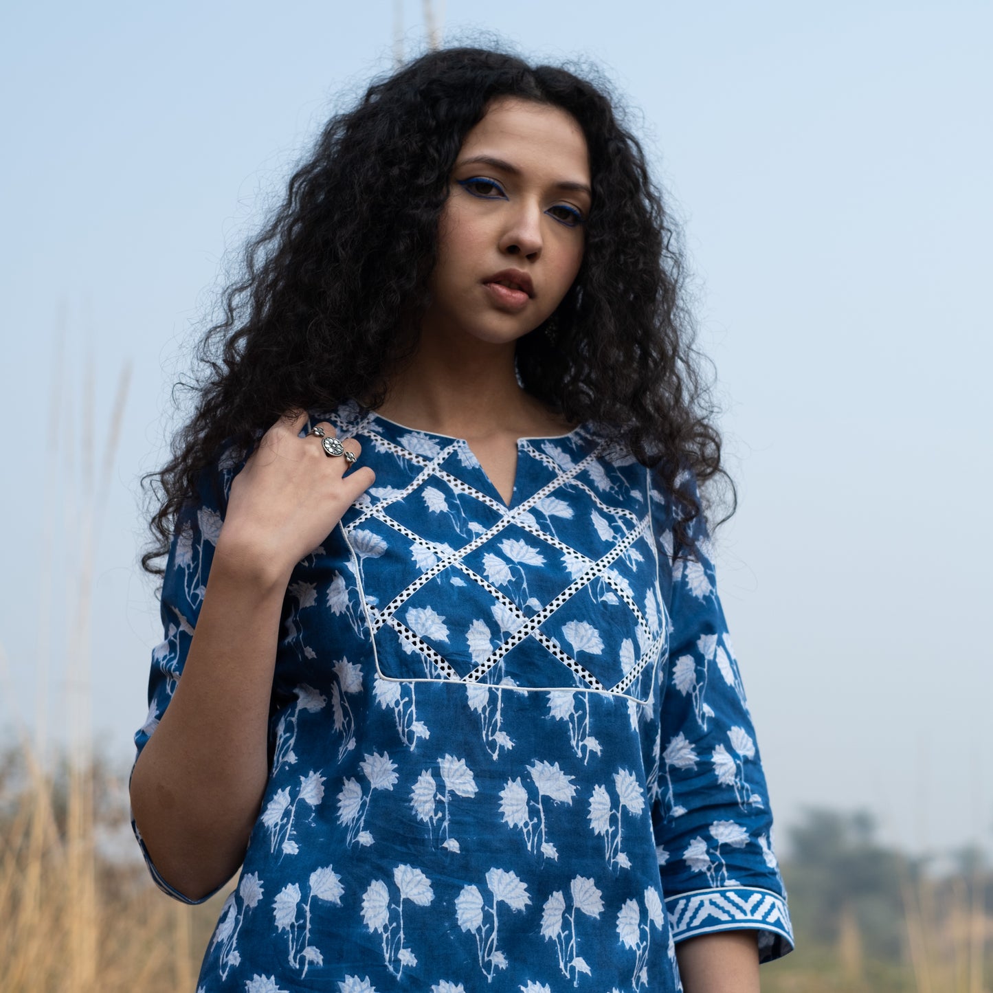 Indigo block printed kurta with lace detail on yoke, sides and sleeves