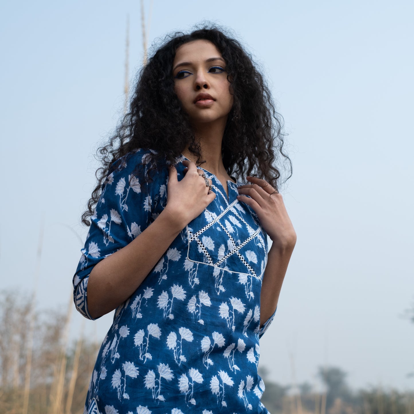 Indigo block printed kurta with lace detail on yoke, sides and sleeves