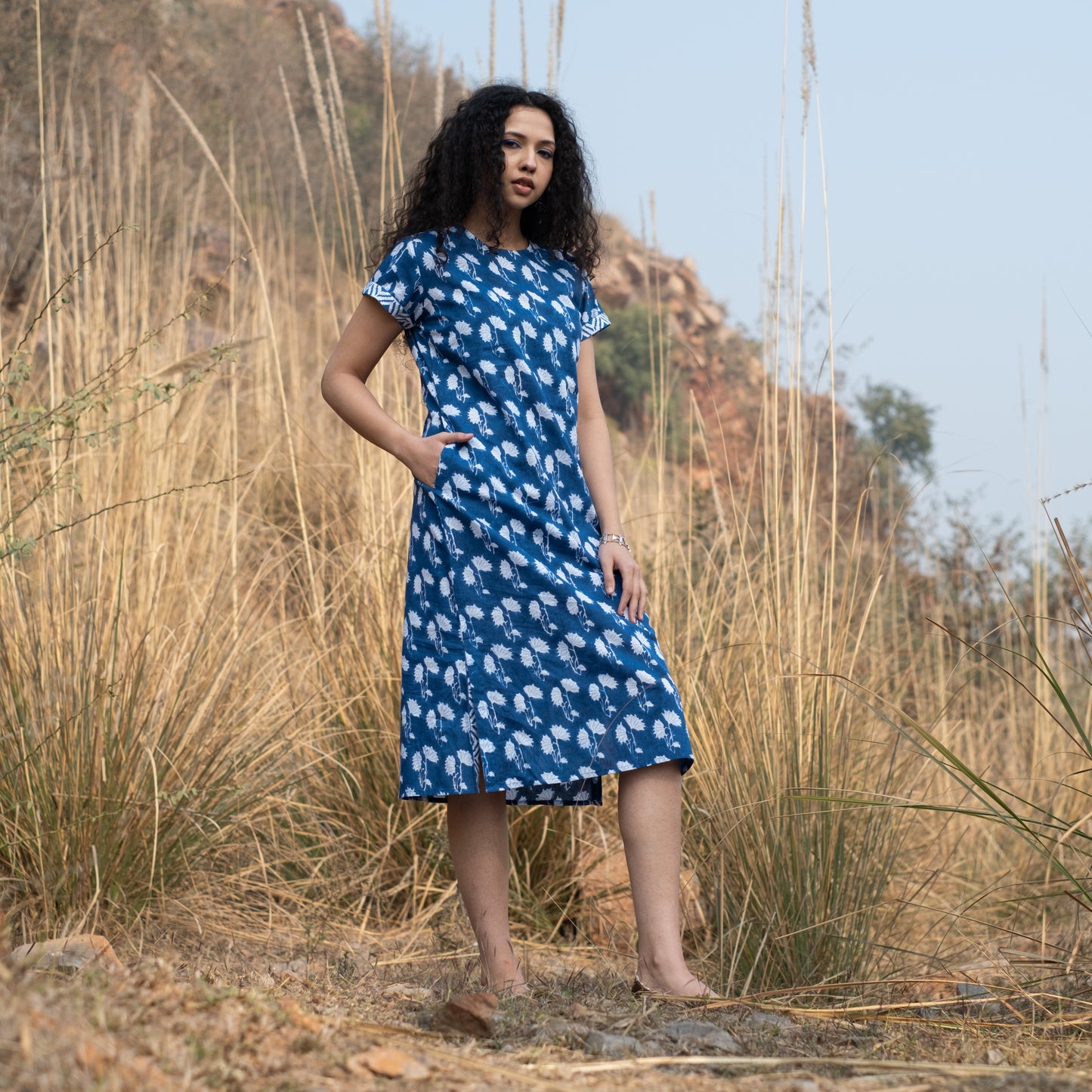 Indigo block printed midi dress with short sleeve and side slits