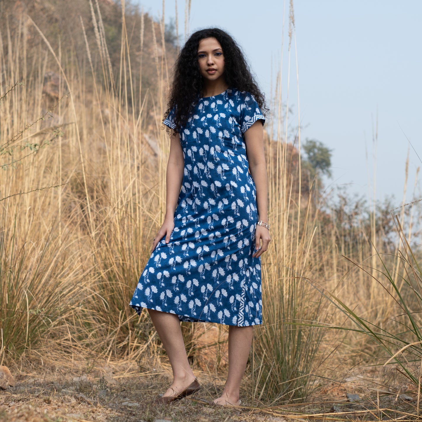 Indigo block printed midi dress with short sleeve and side slits