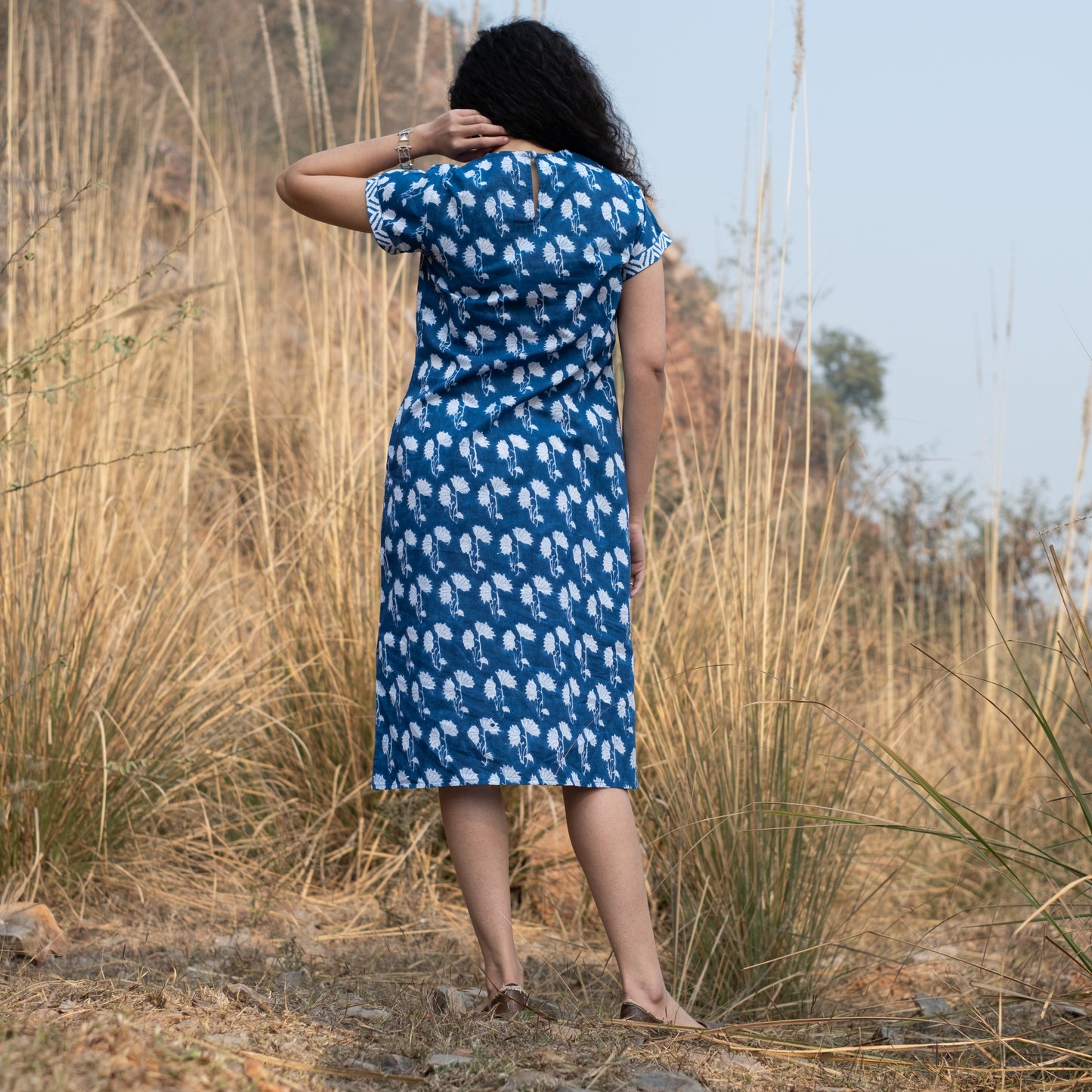 Indigo block printed midi dress with short sleeve and side slits