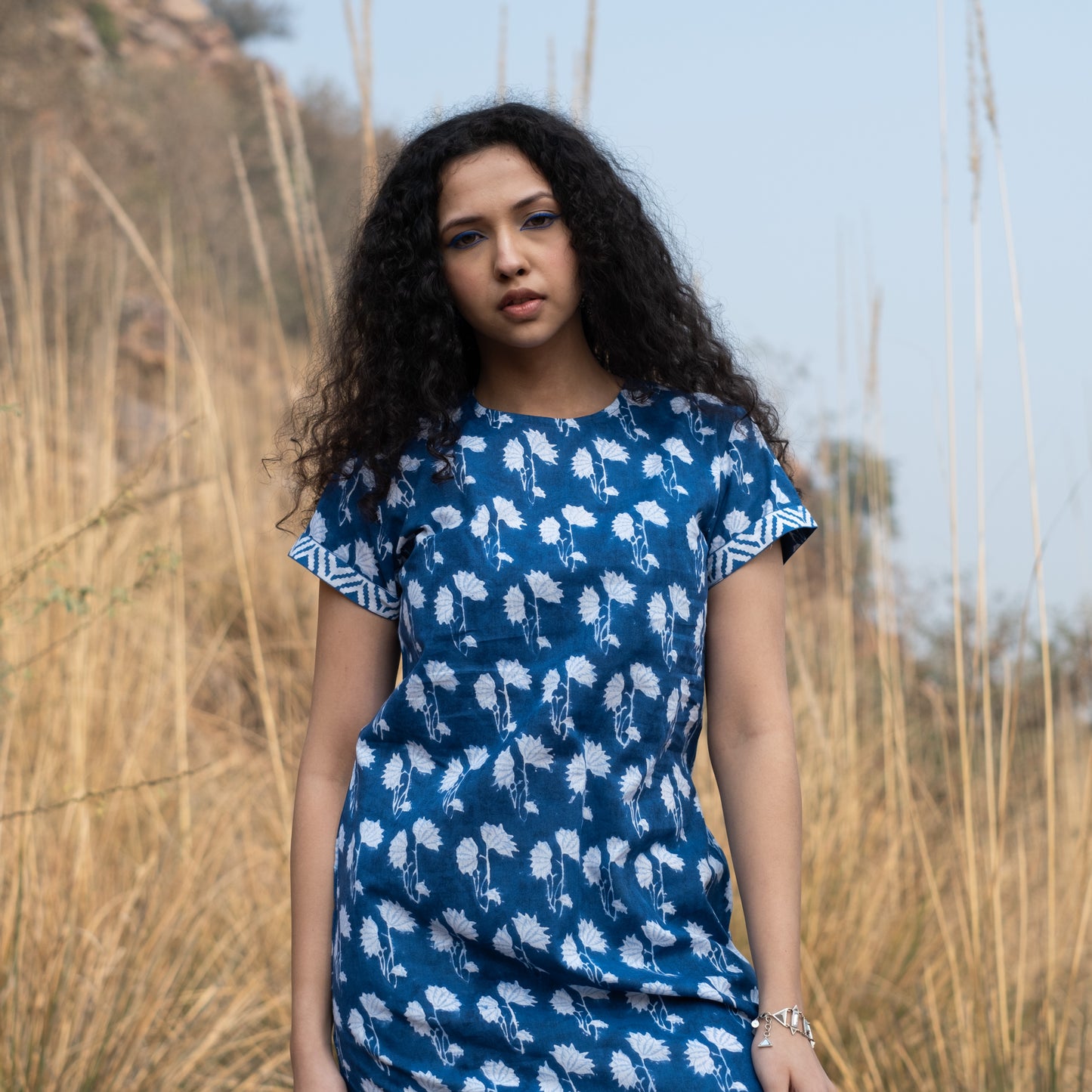 Indigo block printed midi dress with short sleeve and side slits