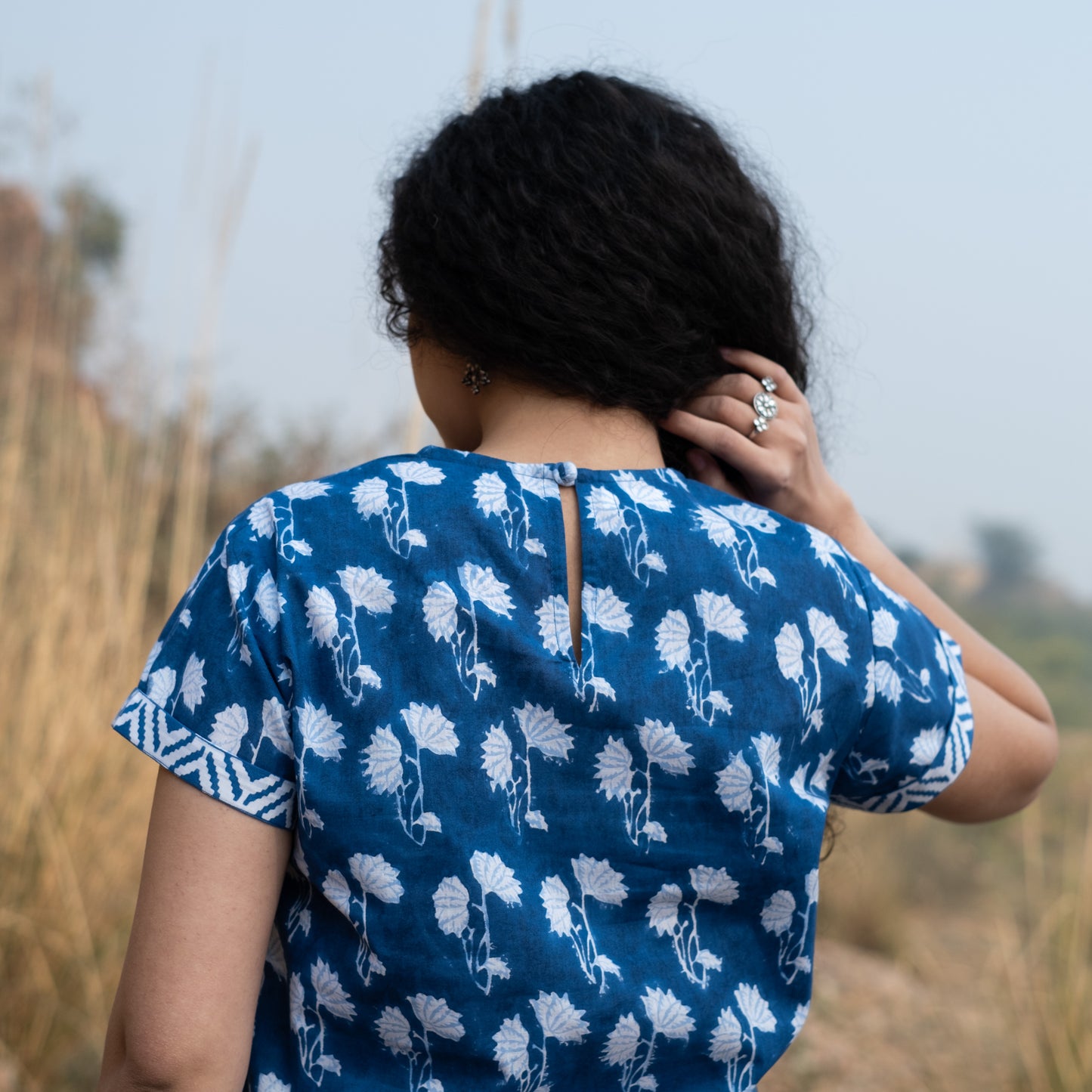 Indigo block printed midi dress with short sleeve and side slits
