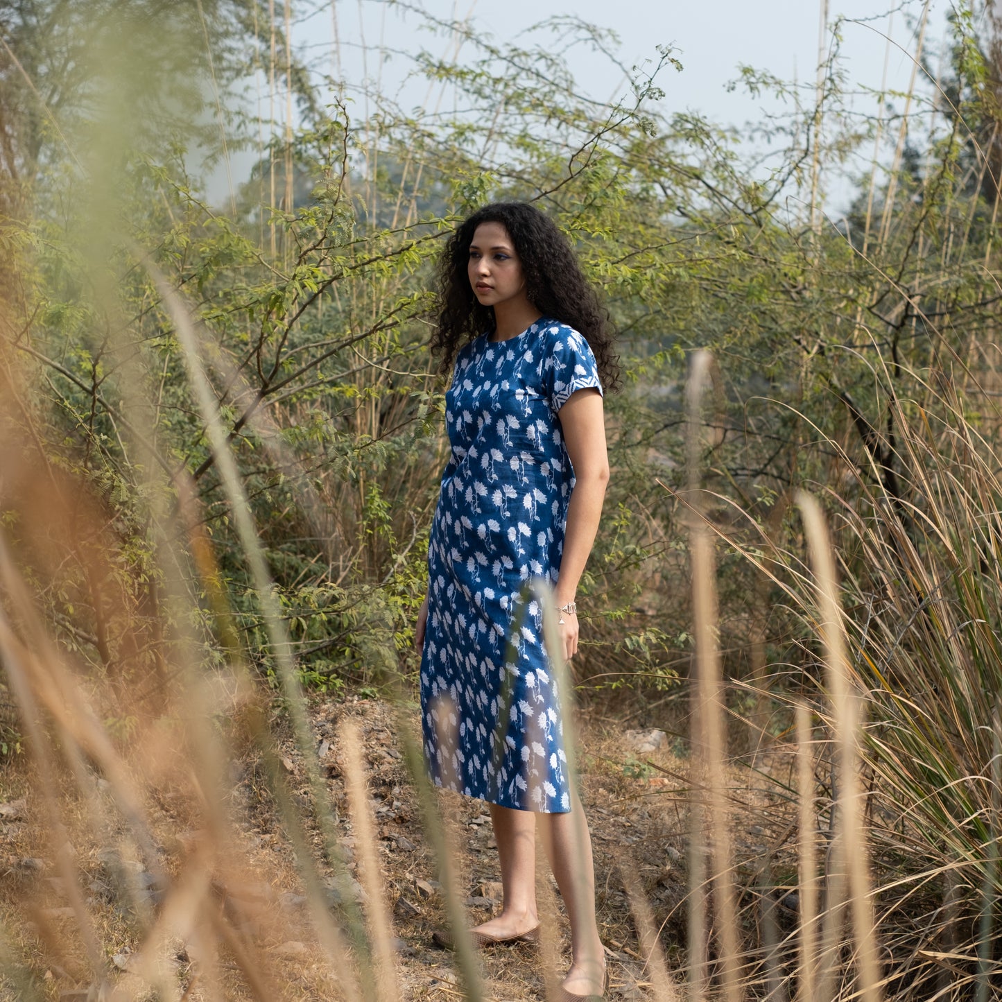Indigo block printed midi dress with short sleeve and side slits