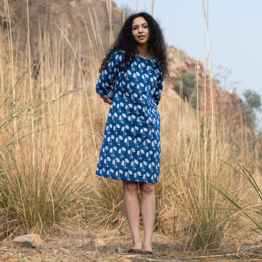 Indigo block printed knee length shift dress with three quarter sleeve and side pocket