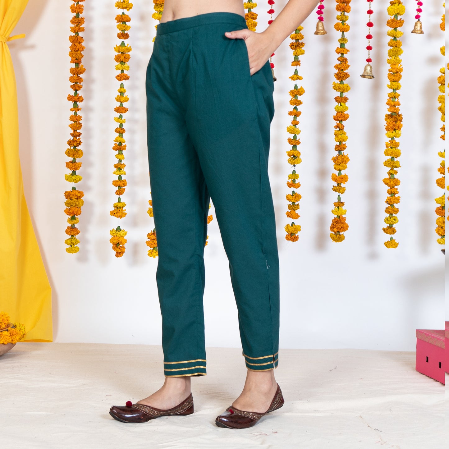 Green Cigarette Pant With Gotta Embroidery