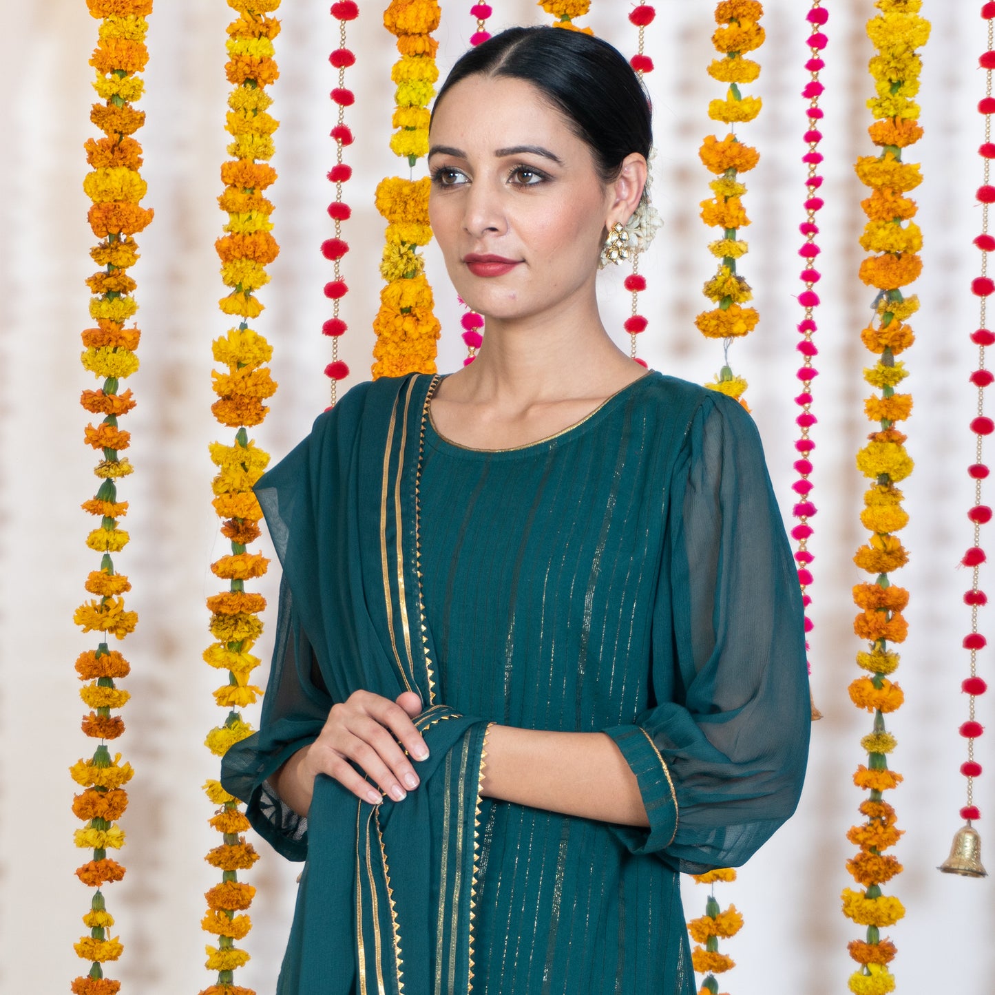 Green Round Neck With Chiffon Sleeves Kurta Set With Dupatta (Set Of 3)