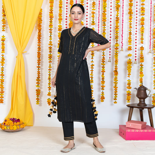 Black V-Neck Straight Panel Kurta With Tassels