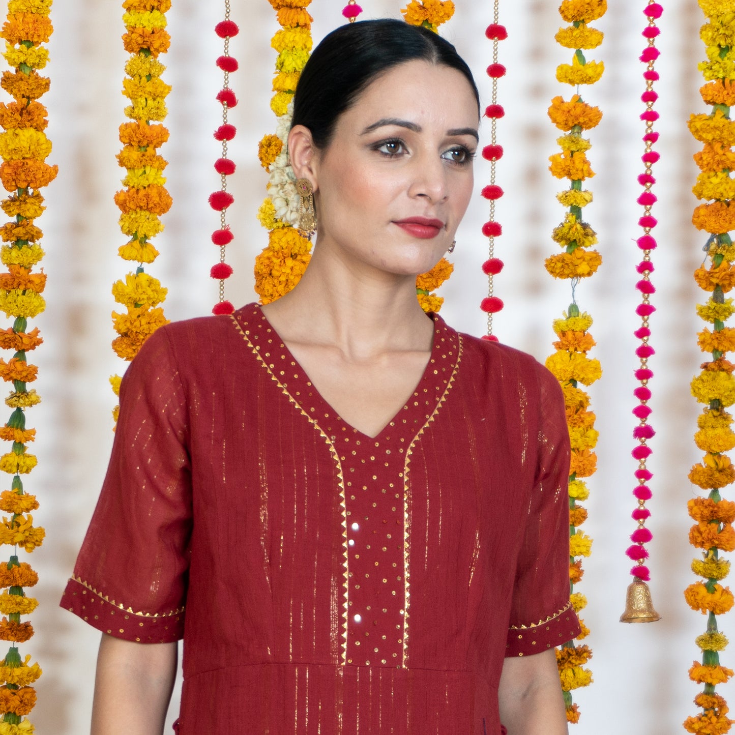 Red V-Neck Straight Panel Kurta With Tassels (Set Of 3)