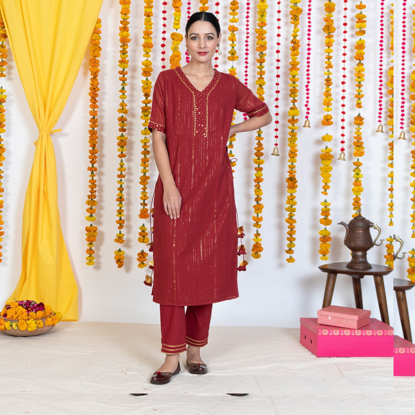 Red V-Neck Straight Panel Kurta With Tassels (Set Of 3)