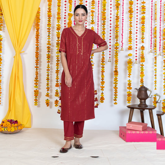 Red V-Neck Straight Panel Kurta With Tassels