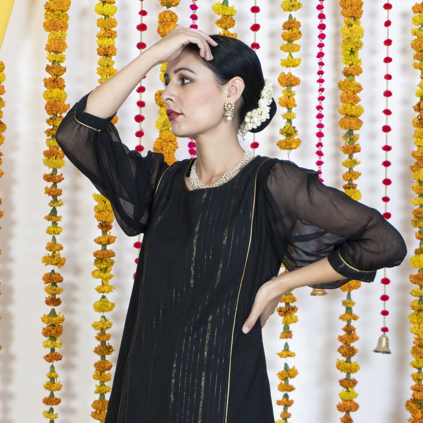 Black Round Neck, Puffed Chiffon Sleeves Kurta Set With Dupatta