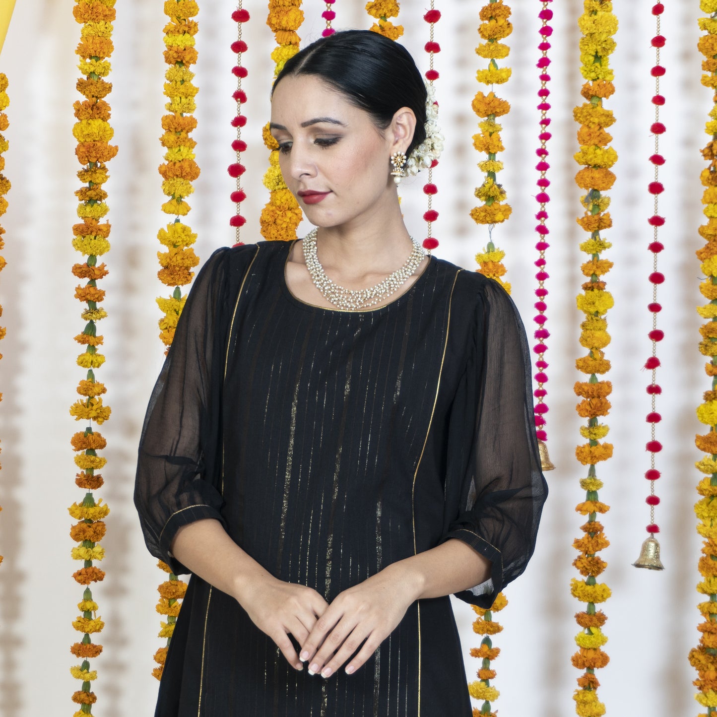 Black Round Neck, Puffed Chiffon Sleeves Kurta Set With Dupatta