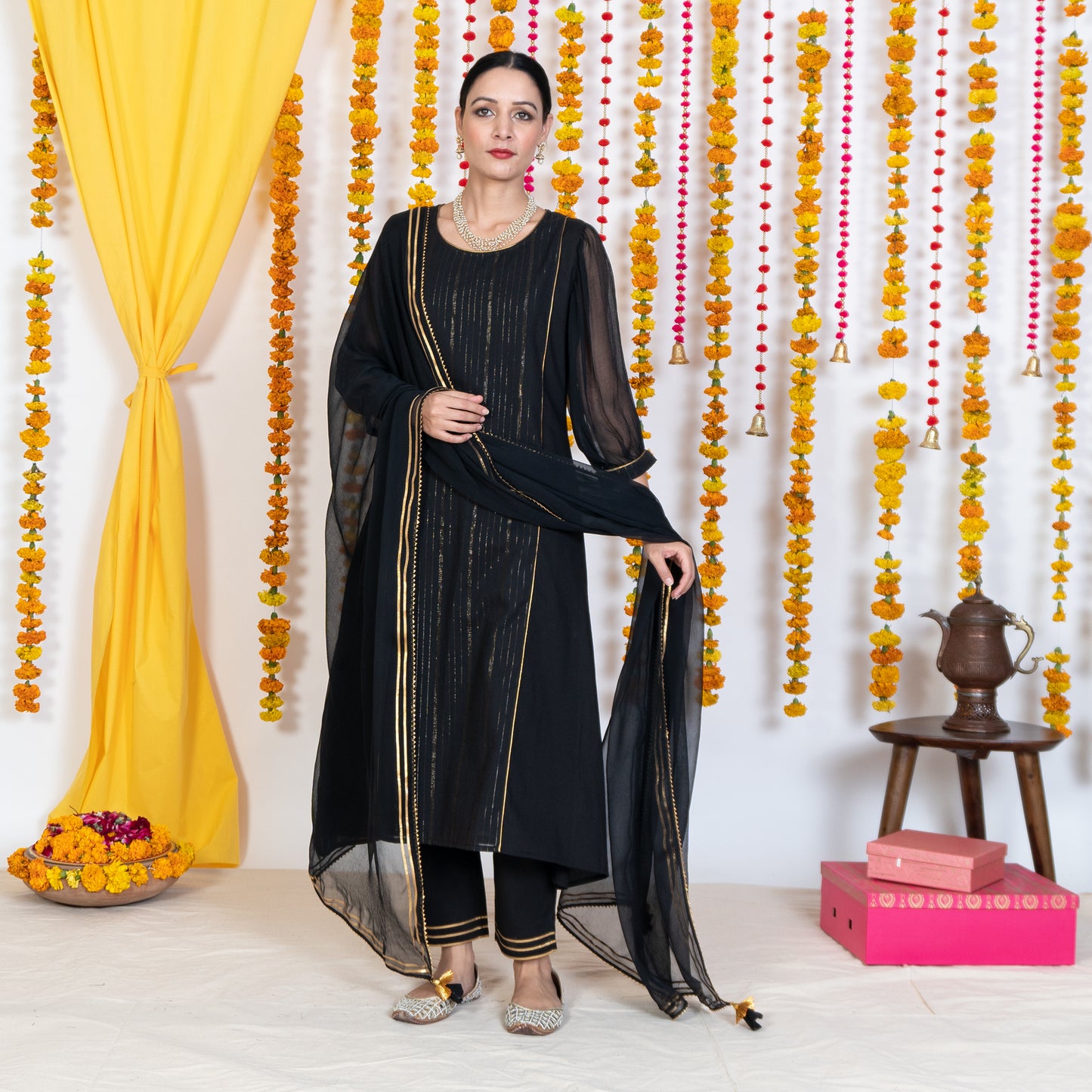 Black Round Neck, Puffed Chiffon Sleeves Kurta Set With Dupatta