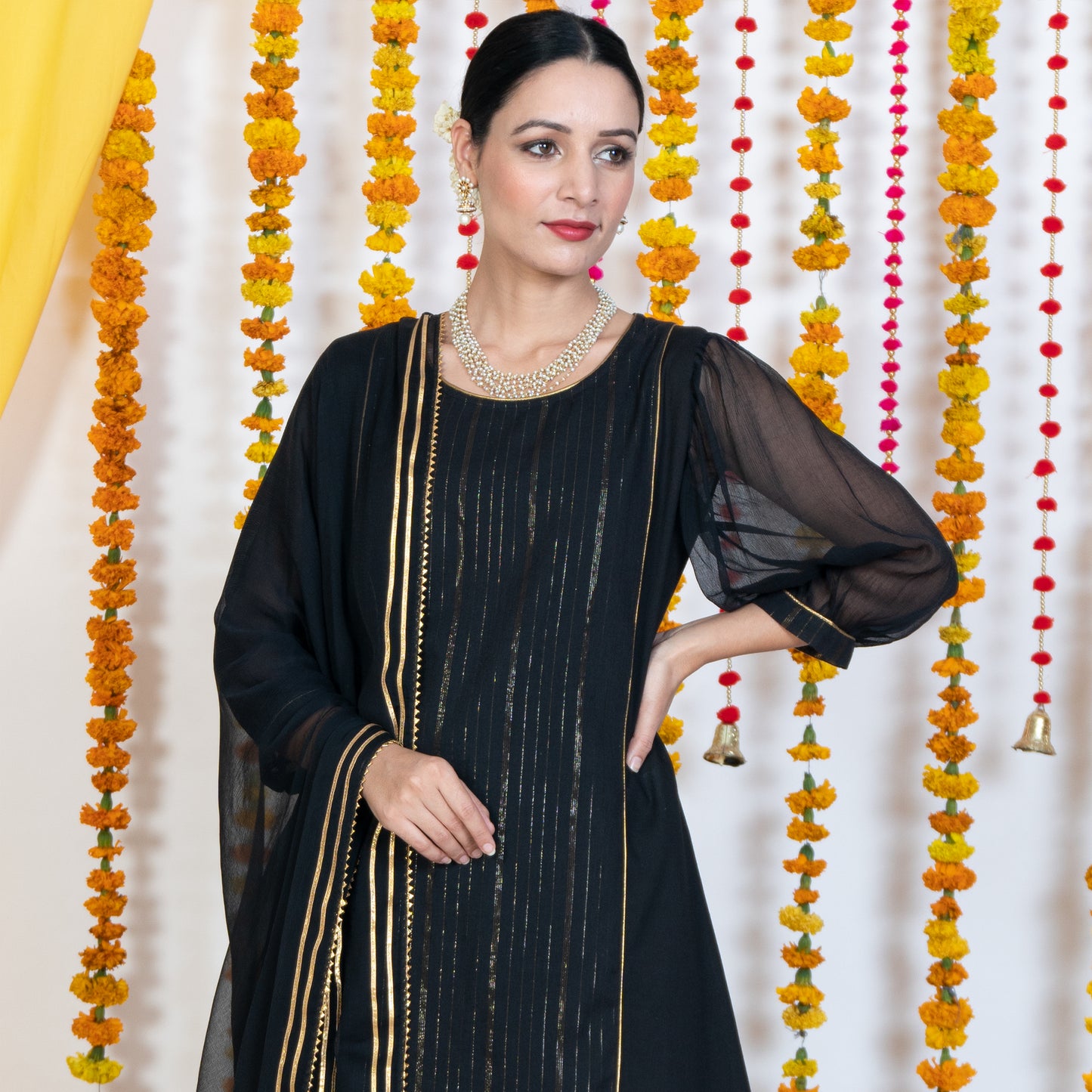 Black Round Neck, Puffed Chiffon Sleeves Kurta Set With Dupatta