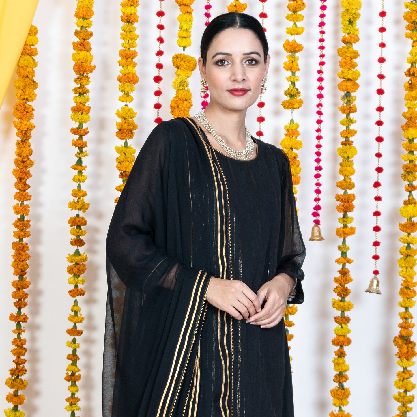 Black Round Neck, Puffed Chiffon Sleeves Kurta Set With Dupatta