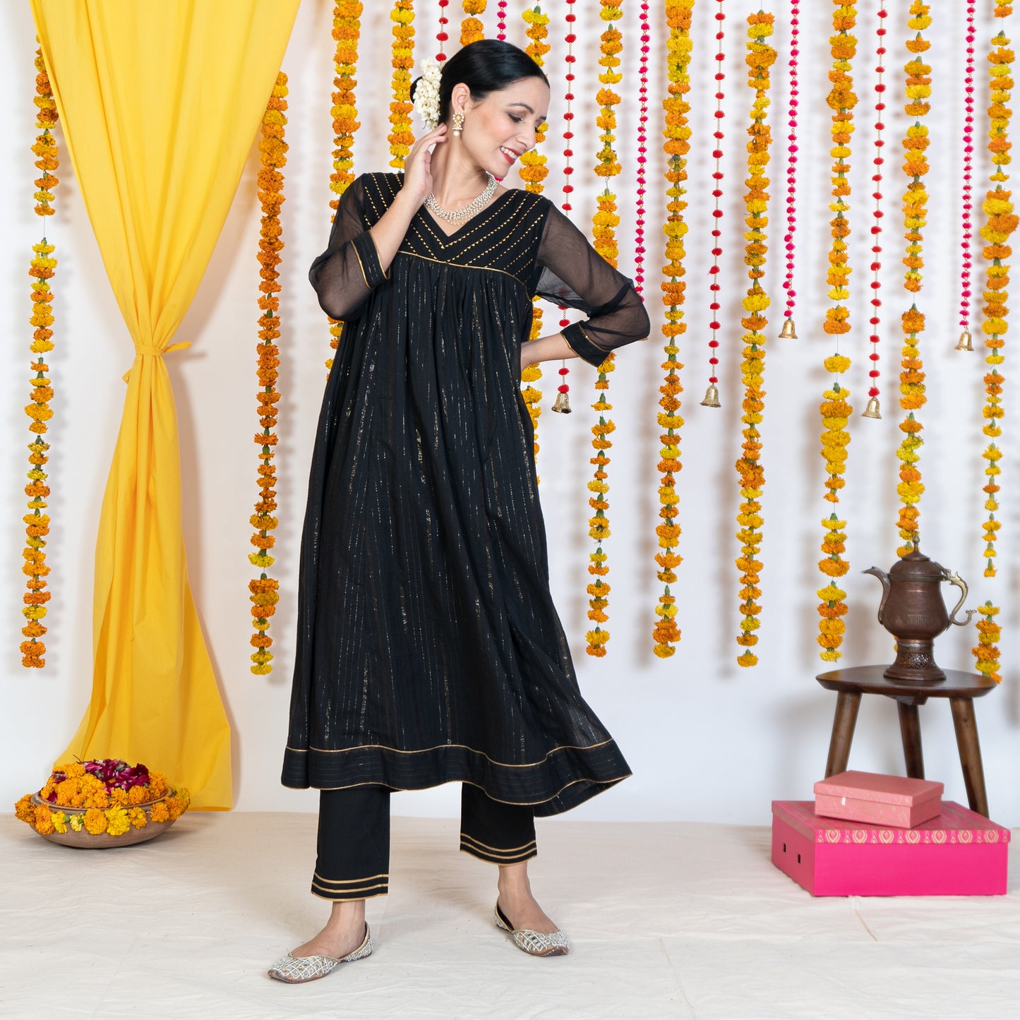 Black V Neck Embroidered Anarkali Kurta