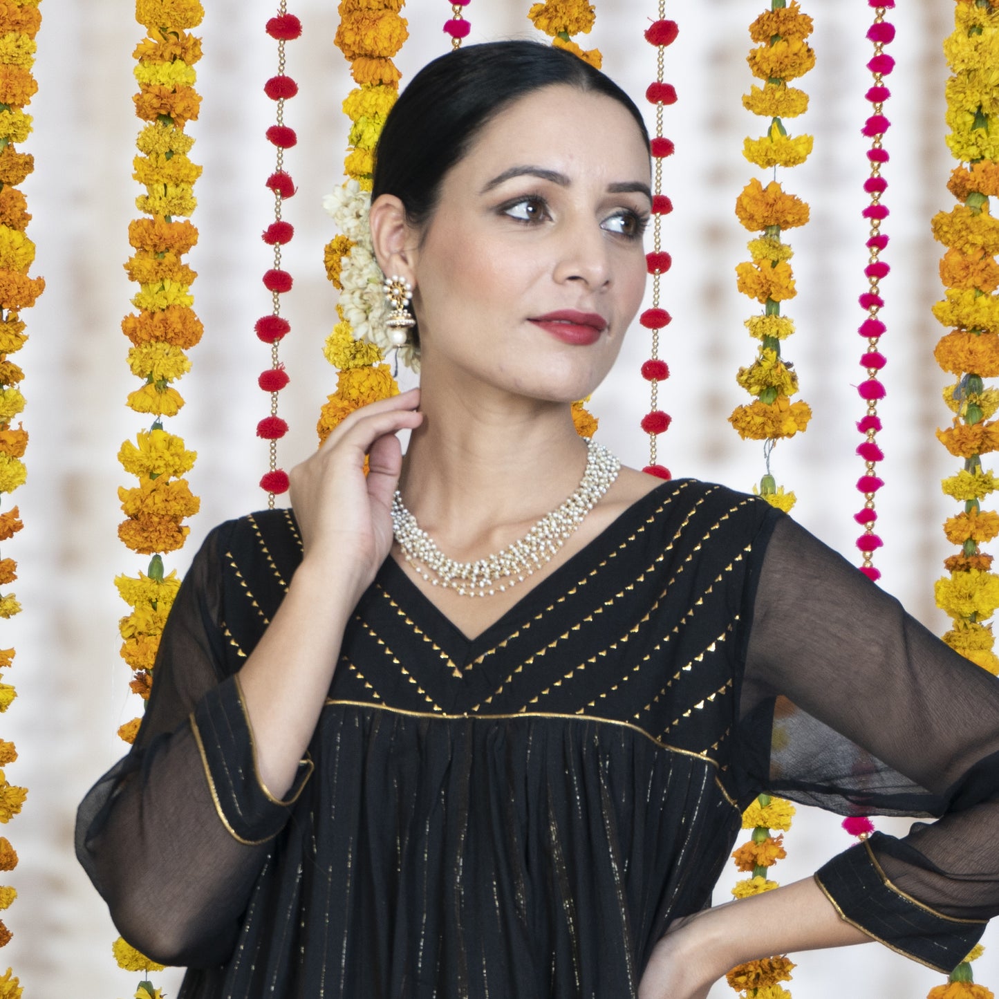 Black V Neck Embroidered Anarkali Kurta
