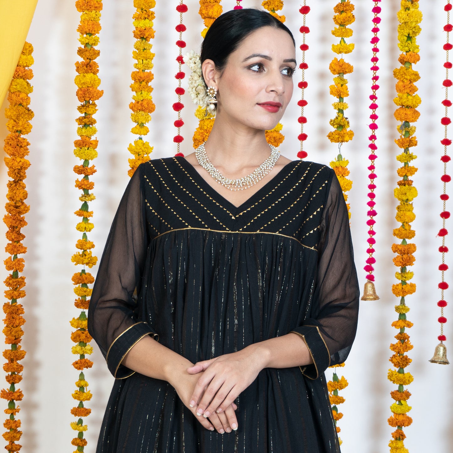 Black V Neck Embroidered Anarkali Kurta