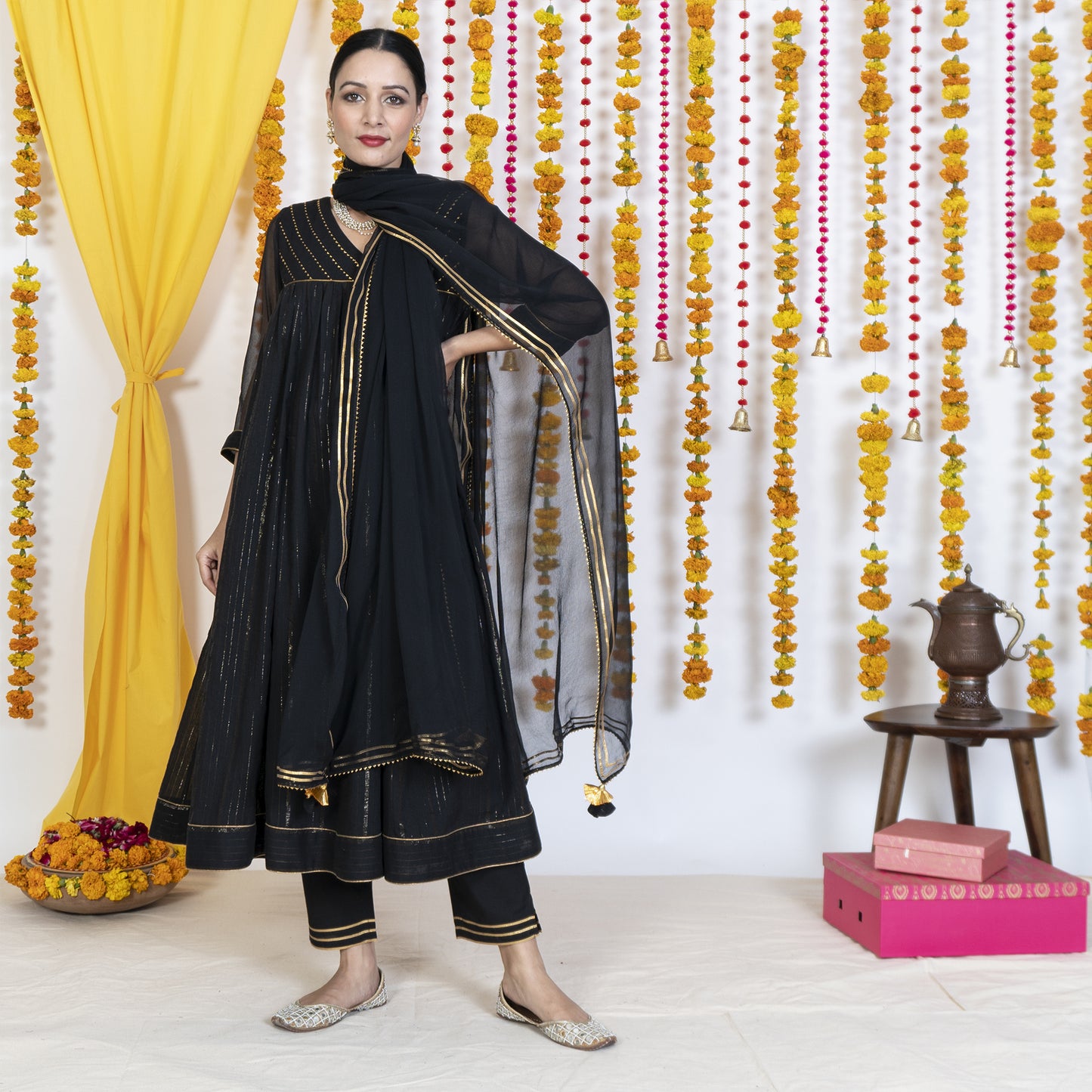 Black V Neck Embroidered Anarkali Kurta Set With Dupatta (Set Of 3)