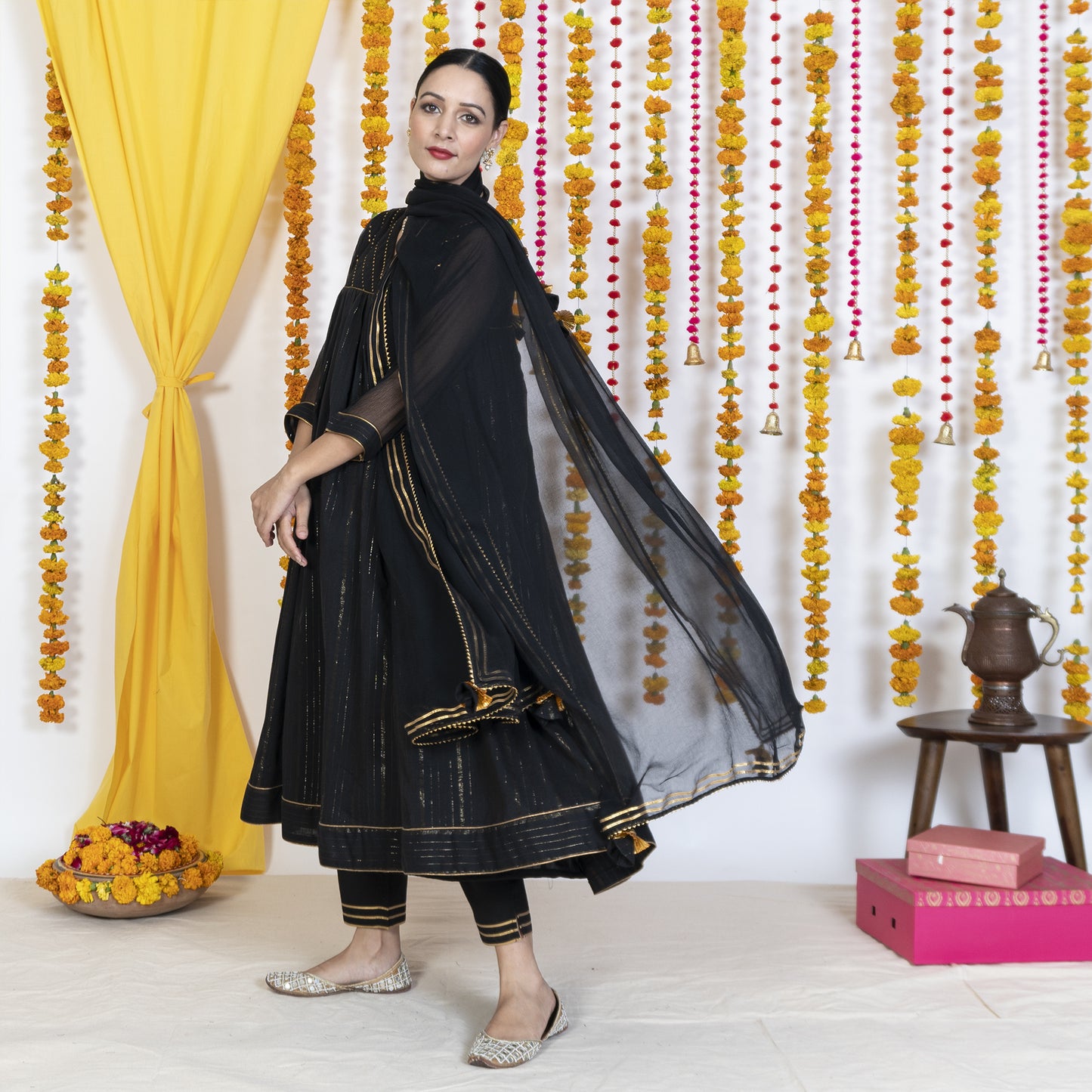 Black V Neck Embroidered Anarkali Kurta Set With Dupatta (Set Of 3)