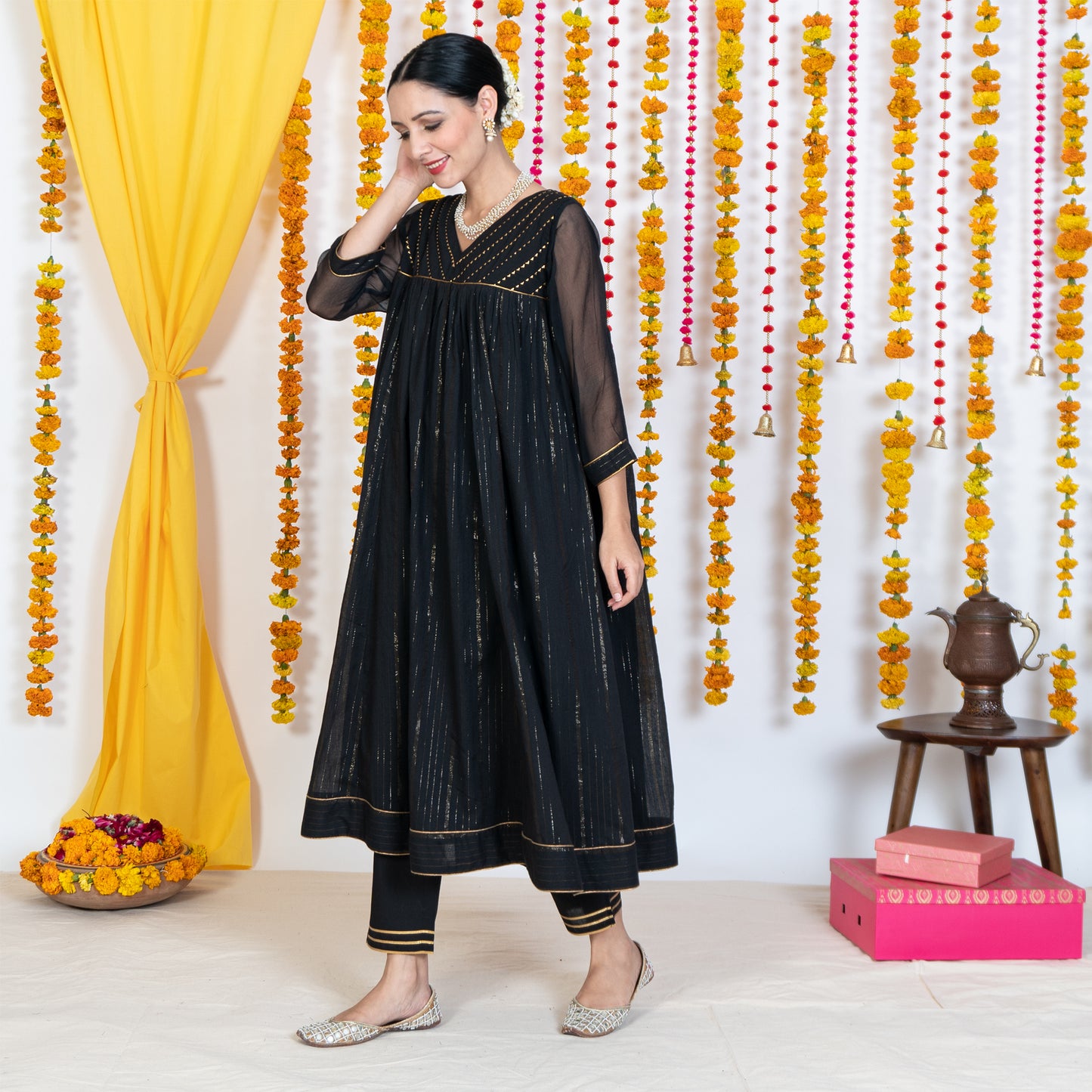 Black V Neck Embroidered Anarkali Kurta Set With Dupatta (Set Of 3)