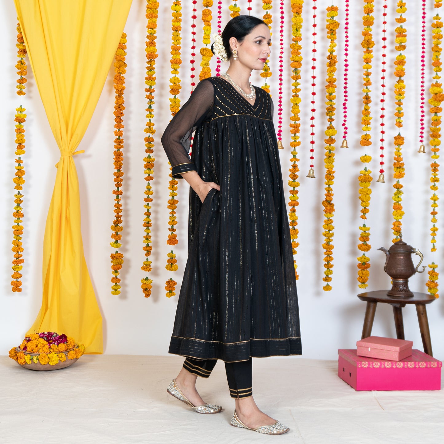 Black V Neck Embroidered Anarkali Kurta Set With Dupatta (Set Of 3)