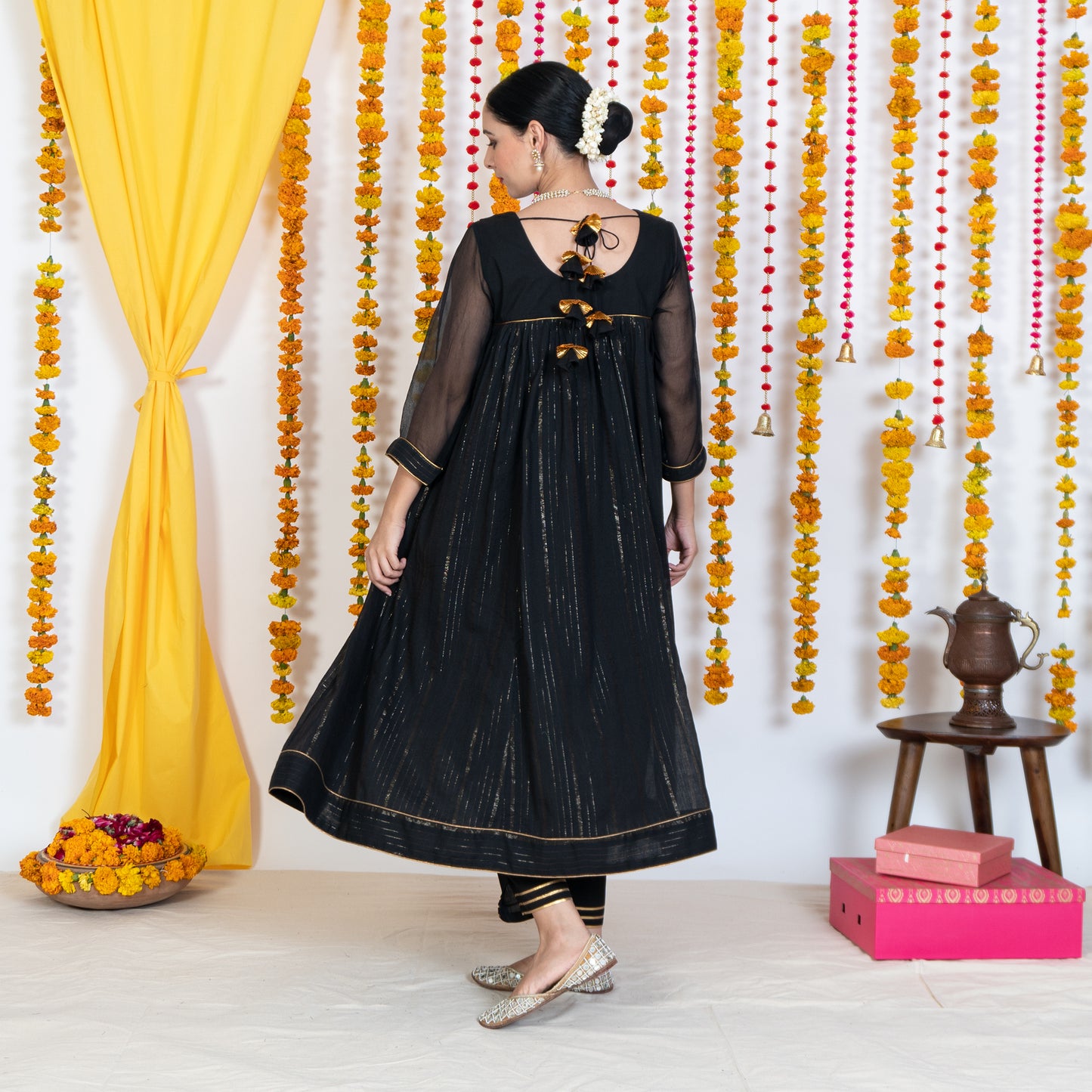 Black V Neck Embroidered Anarkali Kurta Set With Dupatta (Set Of 3)