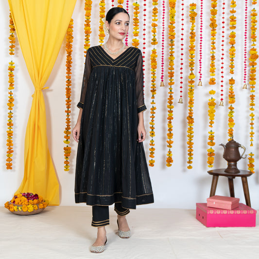 Black V Neck Embroidered Anarkali Kurta