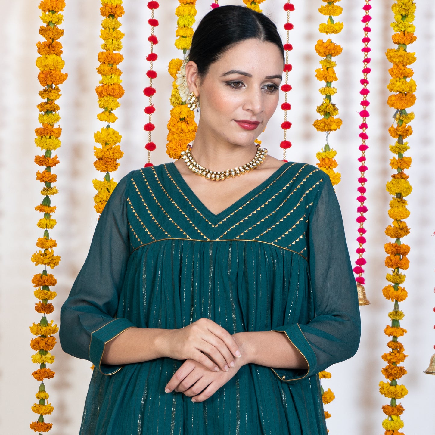 Green V Neck Embroidered Anarkali Kurta Set With Dupatta (Set Of 3)