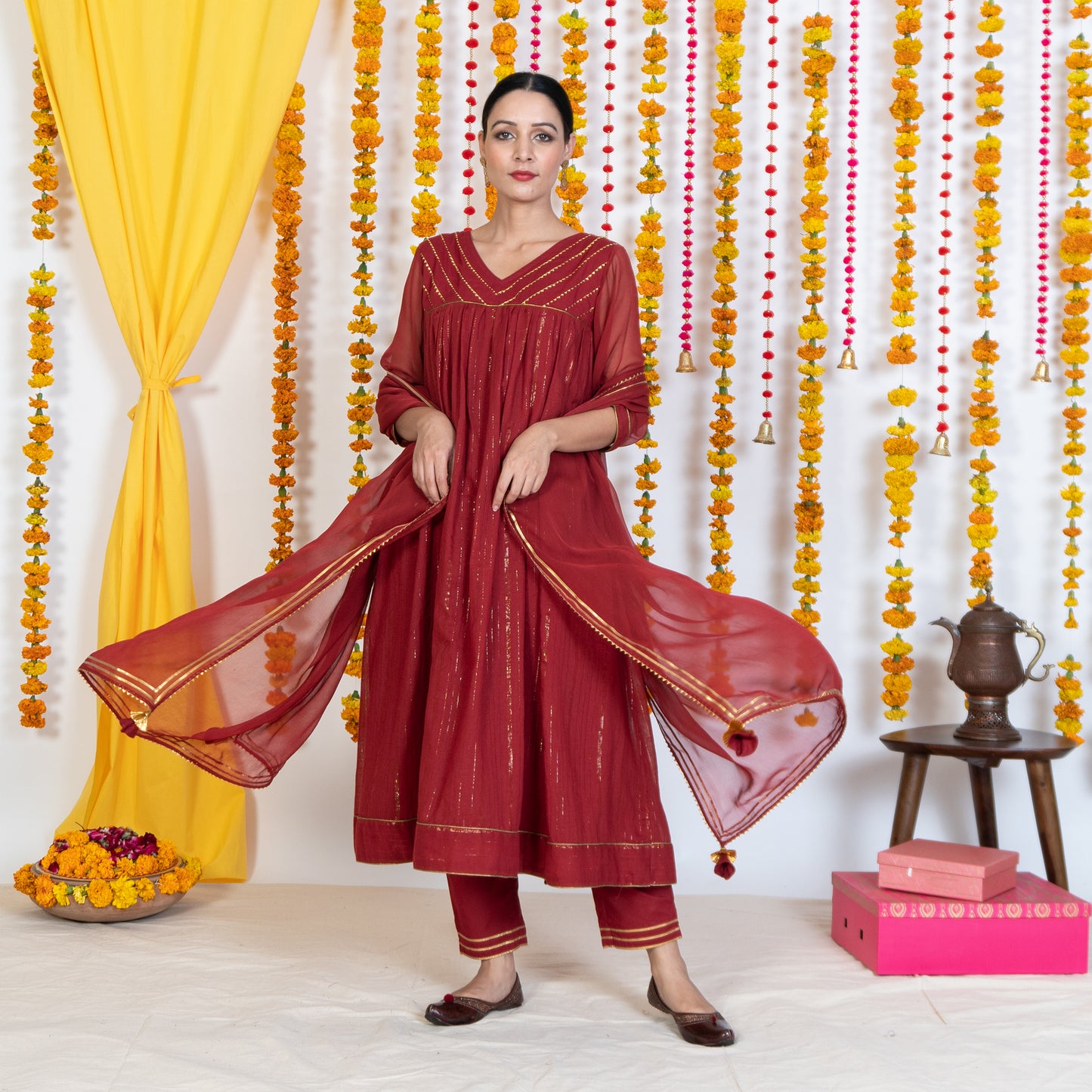 Red V Neck Embroidered Anarkali Kurta Set With Dupatta (Set Of 3)