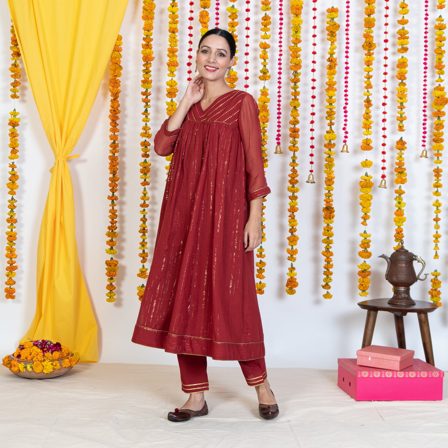 Red V Neck Embroidered Anarkali Kurta Set With Dupatta (Set Of 3)