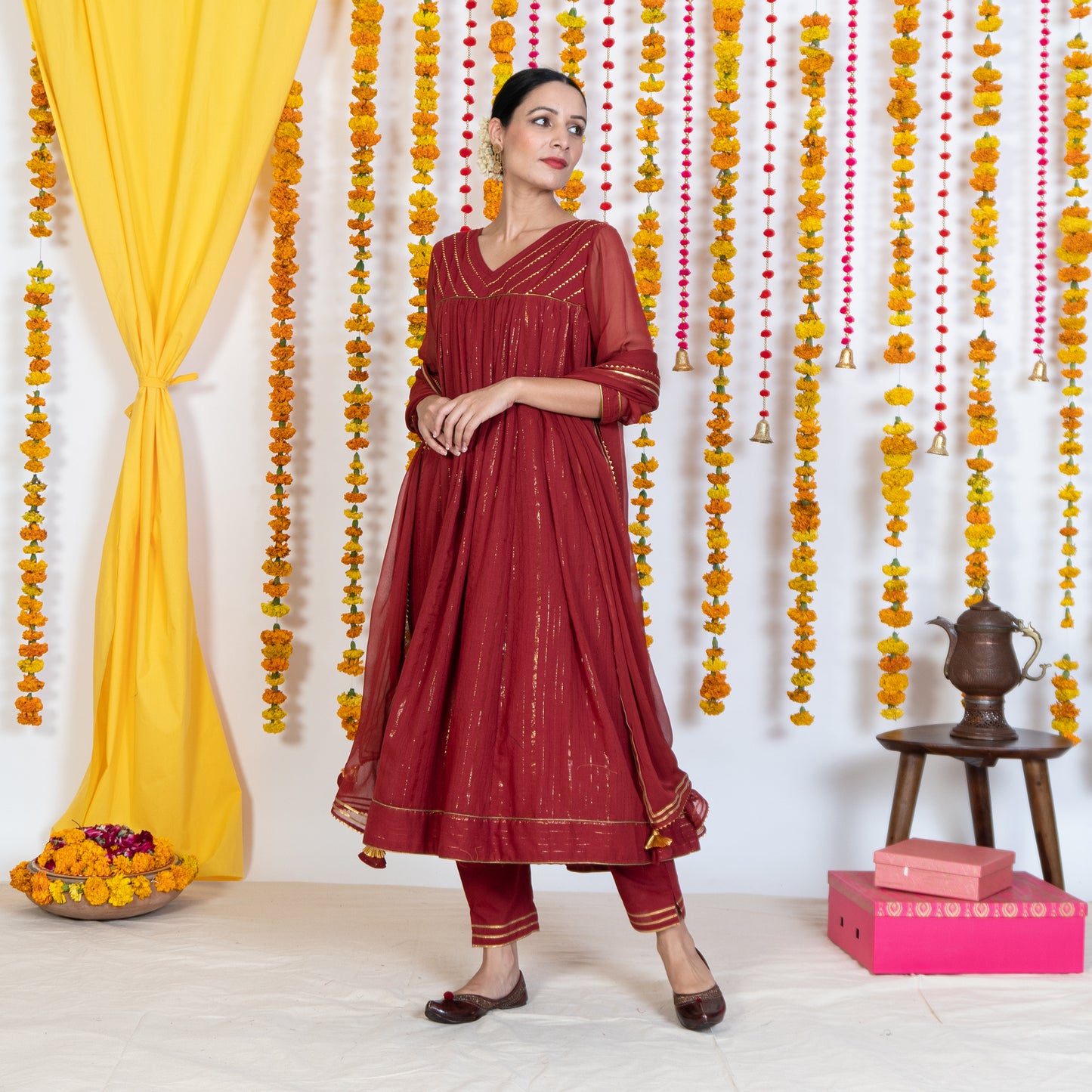 Red V Neck Embroidered Anarkali Kurta Set With Dupatta (Set Of 3)