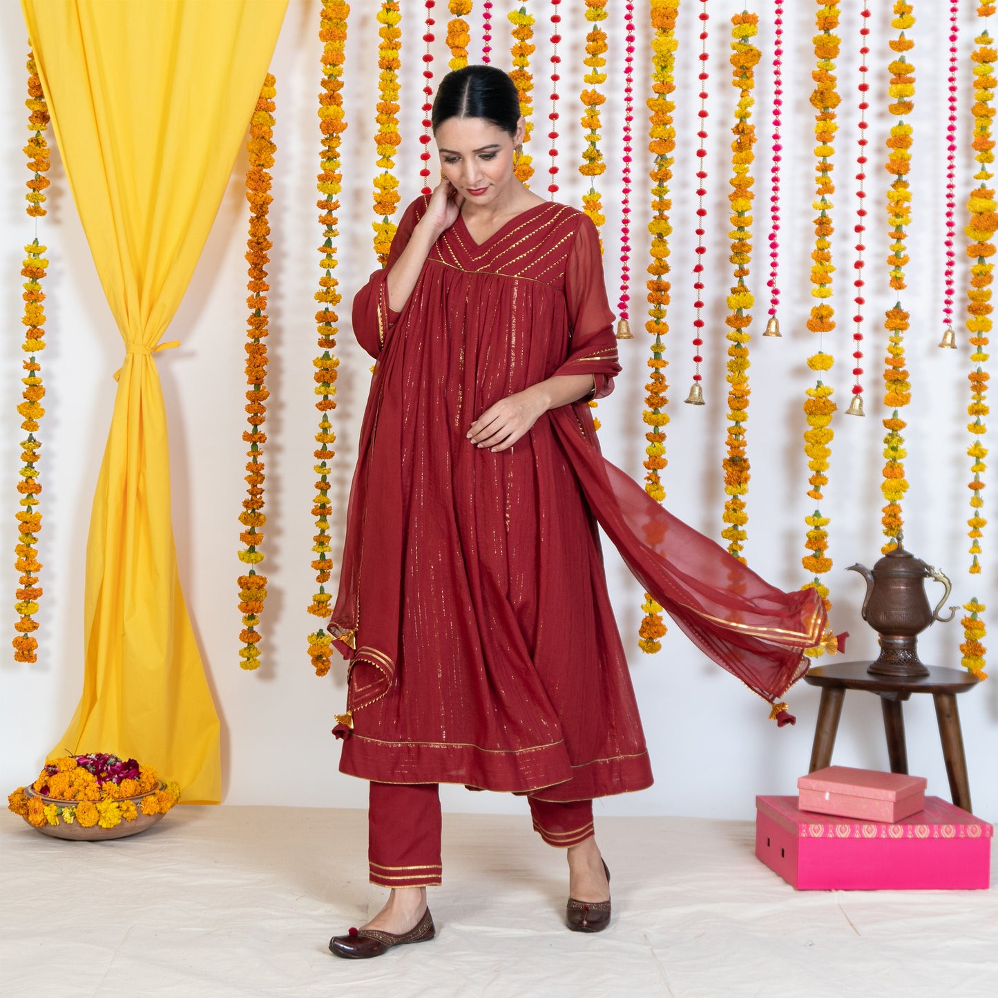 Red V Neck Embroidered Anarkali Kurta Set With Dupatta (Set Of 3)