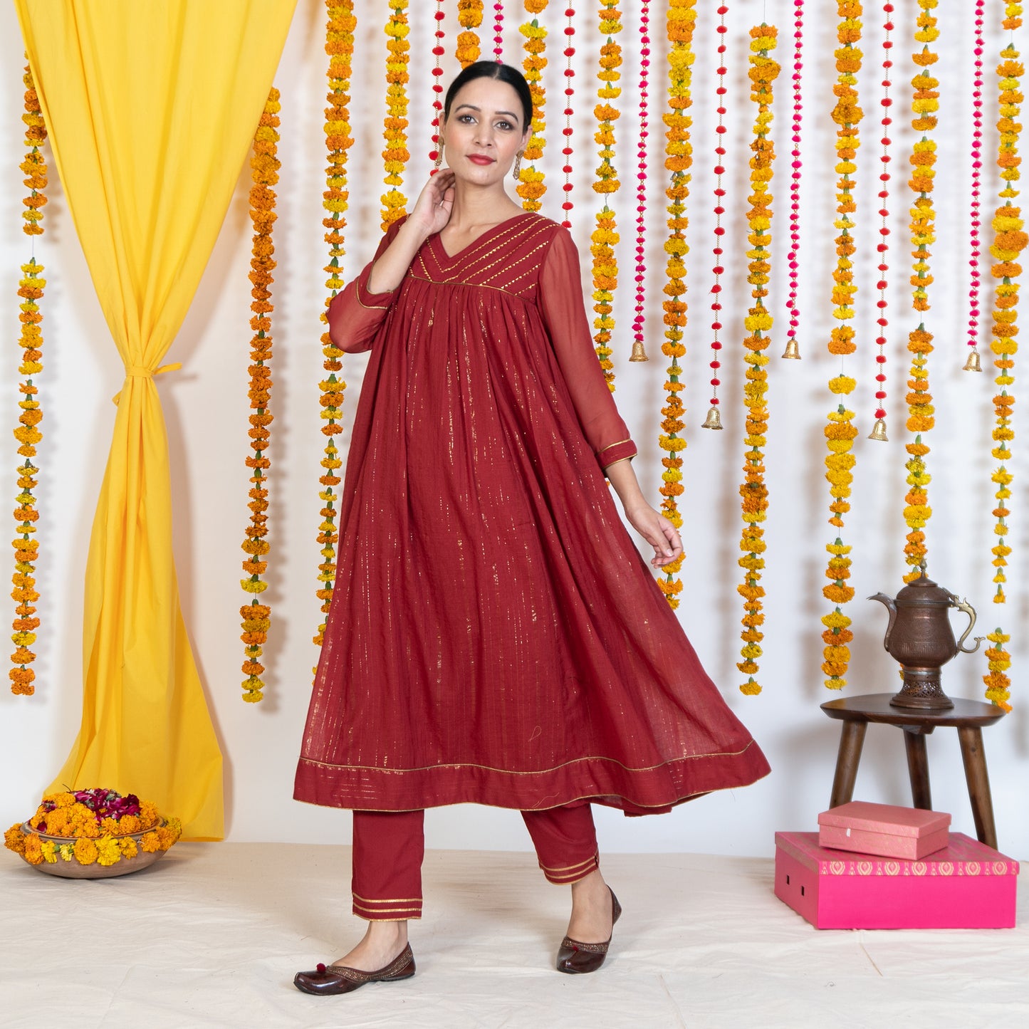 Red V Neck Embroidered Anarkali Kurta Set With Dupatta (Set Of 3)
