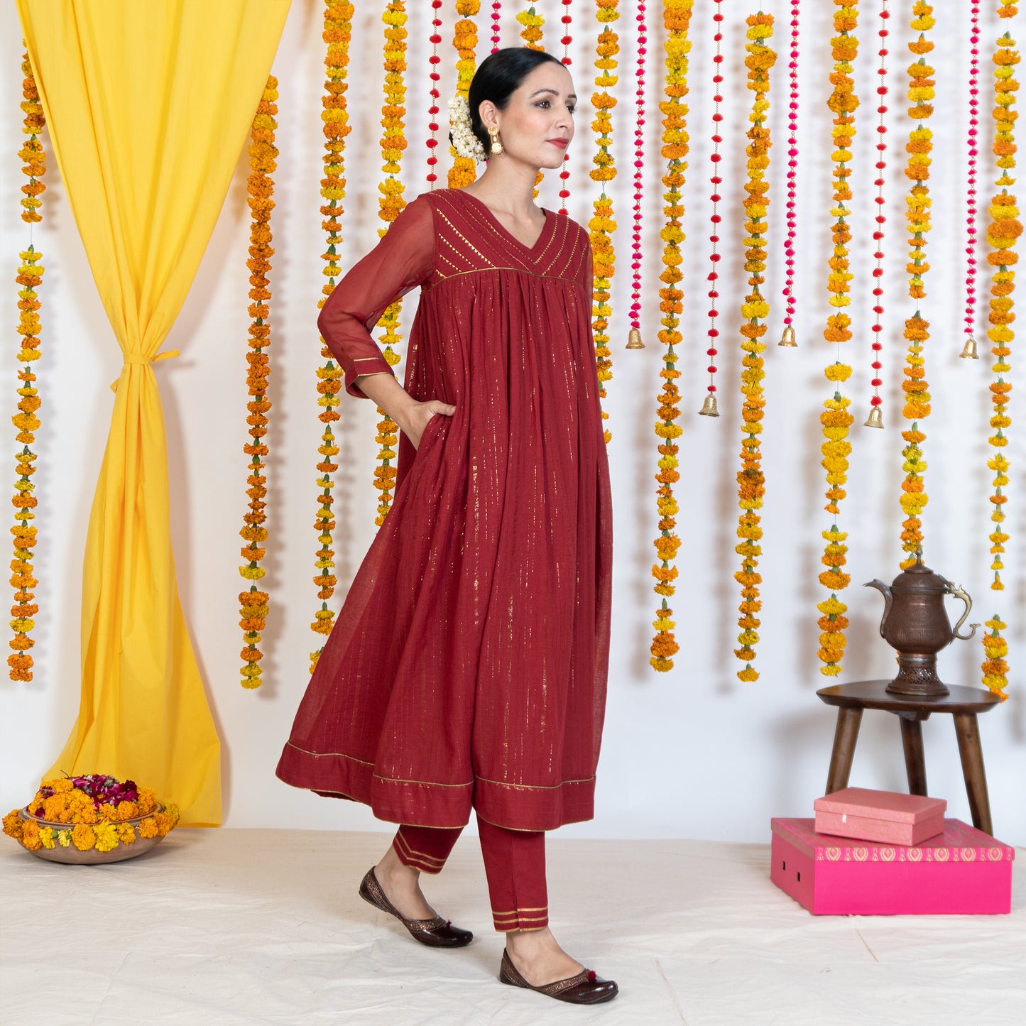 Red V Neck Embroidered Anarkali Kurta Set With Dupatta (Set Of 3)