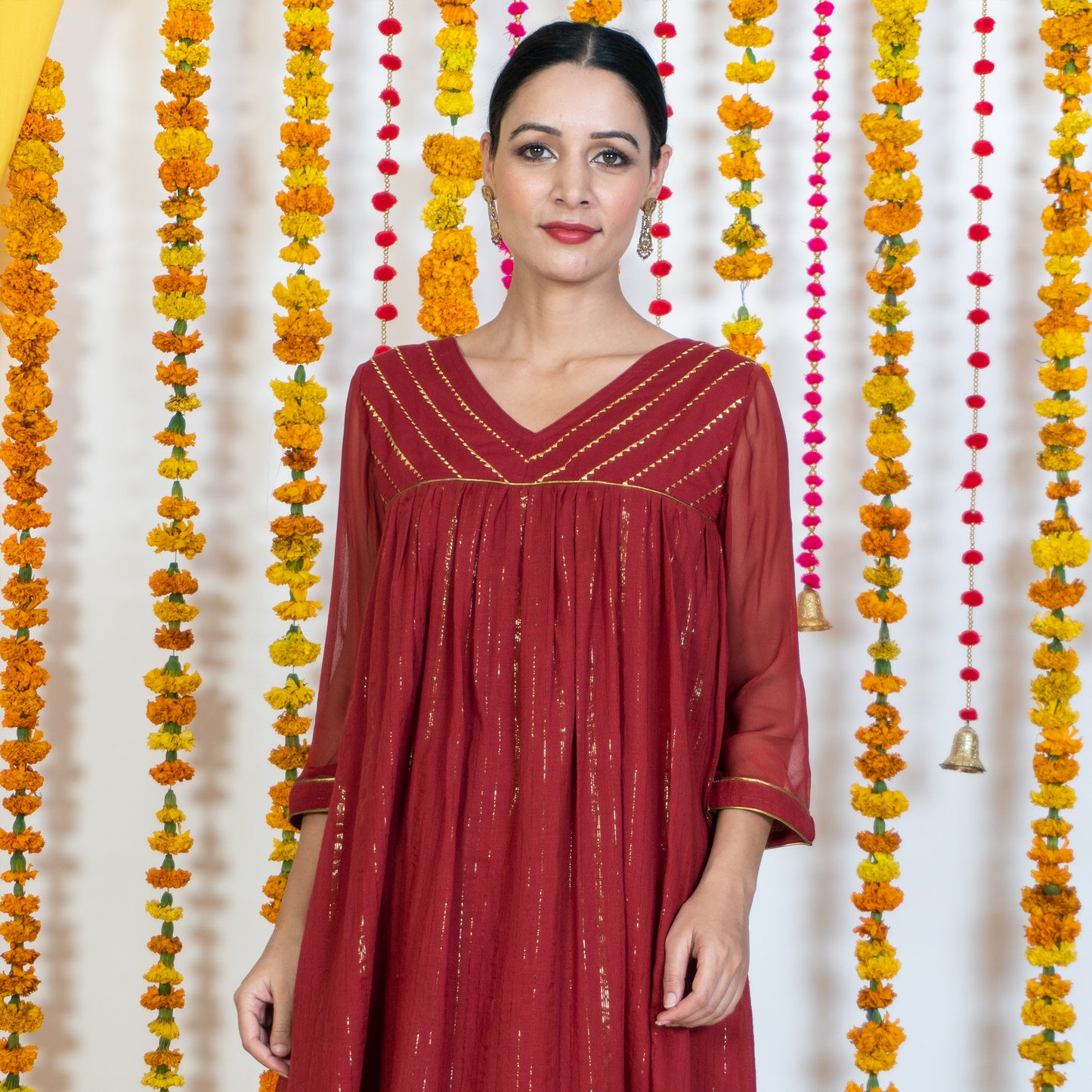 Red V Neck Embroidered Anarkali Kurta Set With Dupatta (Set Of 3)