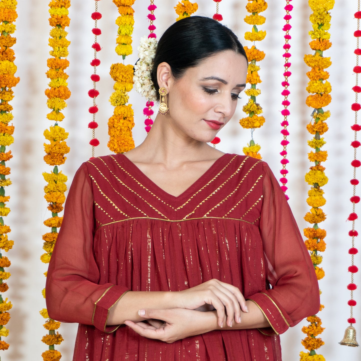 Red V Neck Embroidered Anarkali Kurta Set With Dupatta (Set Of 3)