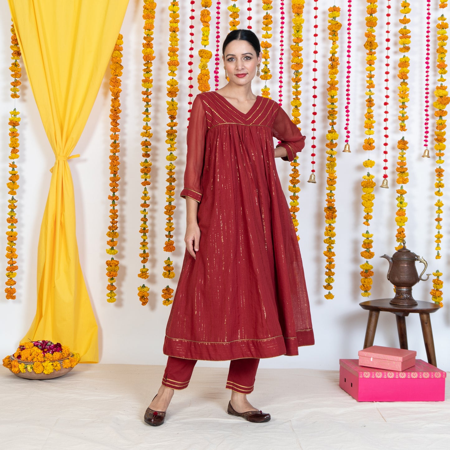Red V Neck Embroidered Anarkali Kurta Set With Dupatta (Set Of 3)